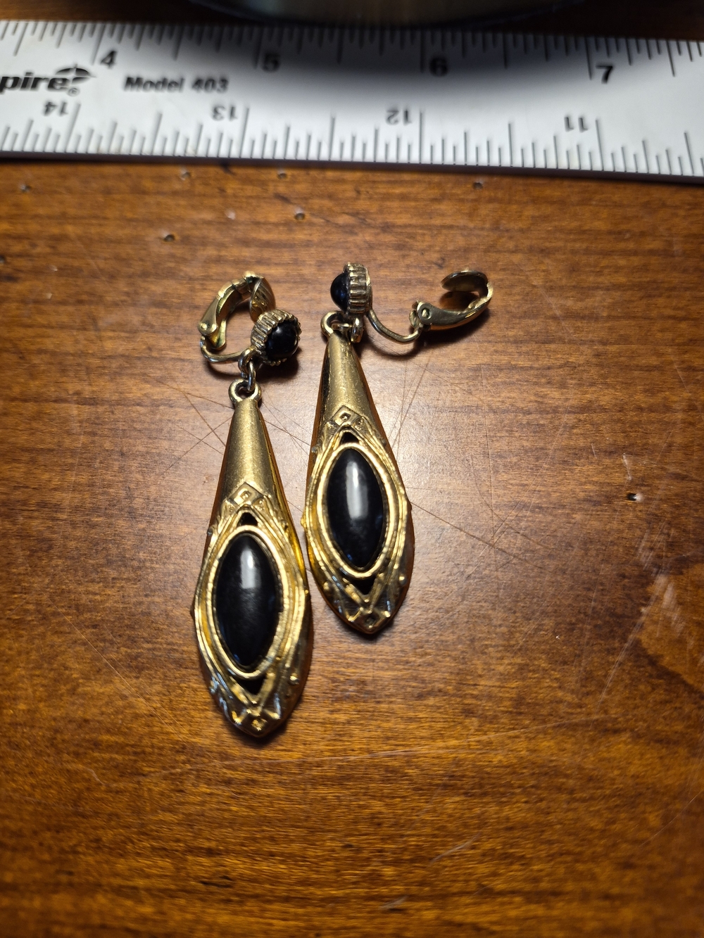 Vintage Gold-tone Clip On  Drop Earrings with Black Cabochons